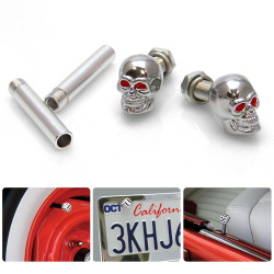 Chrome Skull with Red Eyes 2 Valve Cap, Door Plunger, Plate Bolt Combo Kit