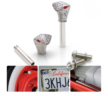 Chrome Cobra with Red Eyes 2 Valve Cap, Door Plunger, Plate Bolt Combo Kit