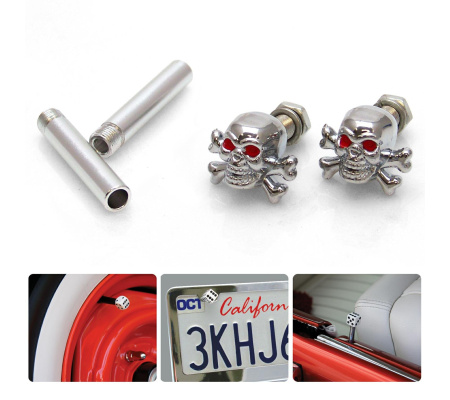 Chrome Skull n Cross Bones w/ Rd Eyes 2 Valve Cap, Door Pull, Plate Combo Kit