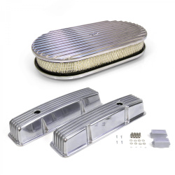 Pair of Short Finned SBC Chevy Valve Covers and 15 Inch Full Finned Air Cleaner