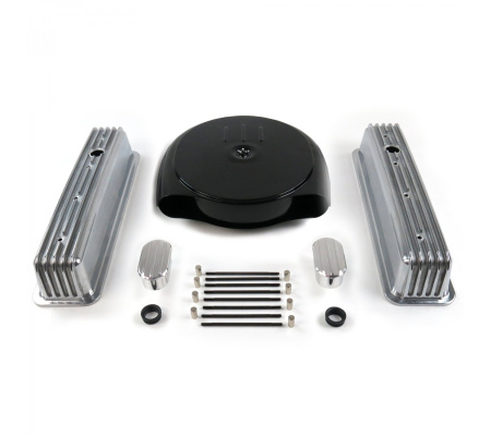 SBC Blk Caddy AC/Tall Center Bolt Engine Dress Up kit~w/ Breathers (No PCV)