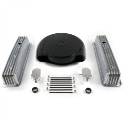 SBC Blk Caddy AC/Tall Center Bolt Finned Engine Dress Up kit~w/ Breathers (PCV)