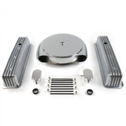 SBC Chr Caddy AC/Tall Center Bolt Finned Engine Dress Up kit~w/ Breathers (PCV)