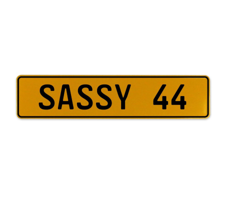 SASSY 44  - Yellow Aluminum Street Sign Mancave Euro Plate Name Door Sign Wall